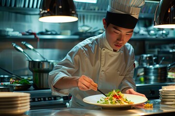 Focused Chef in Professional Kitchen Preparing Gourmet Dish with Precision
