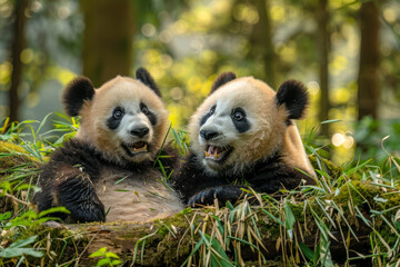 Two pandas playfully tumble down a grassy slope.