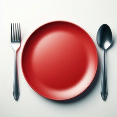 Plate with fork, spoon, knife in a table on white background