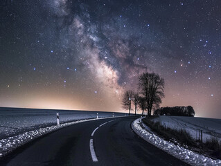 The starry sky is full of stars, and the Milky Way stretches across it. The winding road leads to an unknown destination. 