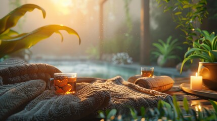 Illustrate a peaceful spa relaxation area, with comfortable seating and calming views of nature , photographic style