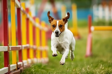 Confident dog successfully completing an agility course - obrazy, fototapety, plakaty