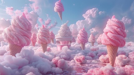 Render a scene of levitating cotton candy machines spinning clouds of sugary sweetness into cones , ultra HD