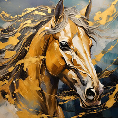 A painting of abstract oil. Art painting, gold, horse, canvas, wall art, modern artwork, paint spots, paint strokes, knife painting, large stroke painting, mural, wall art - obrazy, fototapety, plakaty
