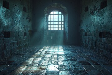 Obraz premium Sunlight streams through the window of a desolate, ancient prison cell with eerie ambiance