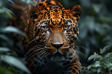 This high-definition image vividly details a leopard's face peeking through lush greenery, highlighting its piercing eyes