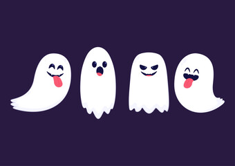 Cute ghost floating with Halloween pumpkin basket for Trick or Treat. Funny spooky boo character. Spook phantom with happy smiling face expression. Isolated kids flat vector illustration.