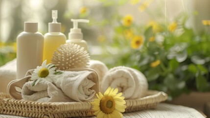 Obraz premium Wicker Basket With Towels and Sunflowers