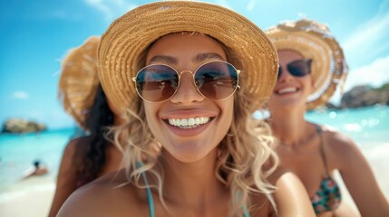 A joyful beach selfie of a woman with a straw hat and sunglasses, and her friend smiling in the background