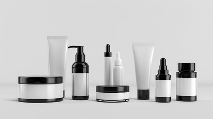 
3d illustration of various blank cosmetic container mock-ups, including jar, pump bottle, cream tube, and dropper, isolated on white background.