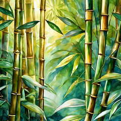 Bamboo forest where each stalk is rendered in polished gold, and the leaves are delicate sheets of...