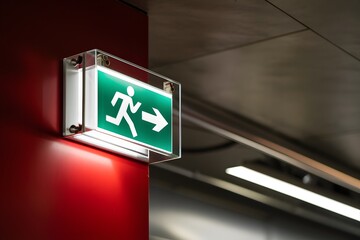 Emergency exit sign on red wall with illuminated green figure, pointing arrow Smooth ceiling, metallic pipes - obrazy, fototapety, plakaty