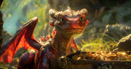 The wizard's pet red dragon sat guarded in front of the treasure box