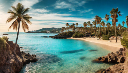 Beach Panorama with blue water and palm trees
