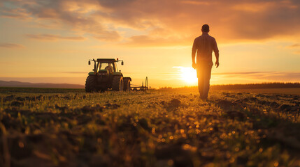 A serene view of a farmer walking towards a tractor at sunset, evoking a sense of end of a...