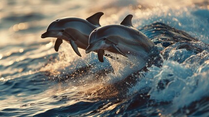 Two dolphins leaping together at golden sunset.