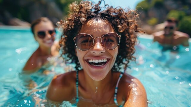 A curly-haired woman with glasses celebrates with friends in a bright pool setting
