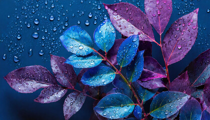 Blue and purple leaves with water droplets on dark blue background in a vibrant and eyecatching display - Powered by Adobe