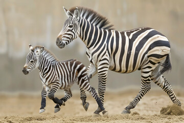 Fototapeta na wymiar A zebra foal frolics alongside its mother.