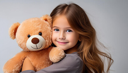 child hugs a bear doll on a white background