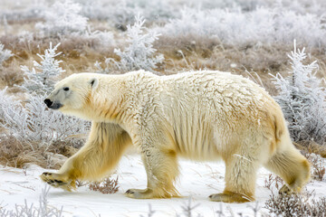 A polar bear strides confidently across the frozen tundra.