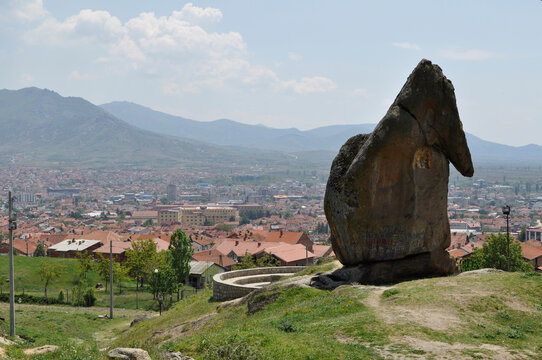 A rock shaped like an elephant with a trunk  formation on the way to Markovi Kuli, hill above Prilep town.