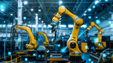 Smart industry robot arms for digital factory production technology showing automation manufacturing process of the Industry 4.0 or 4th industrial revolution and IOT software to control operation 