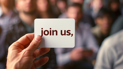 A person's hand holds a 'join us' sign in focus, with a group of unfocused people in the background, representing invitation and inclusivity