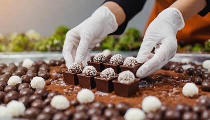 close up shot shows hands in white gloves placing chocolate bars on top of the confectionery ground covered with milk chocolate balls - Powered by Adobe