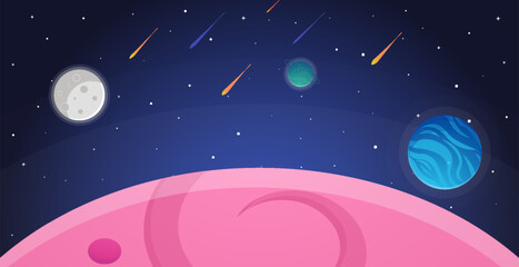 Space cartoon background. Cute design for landing