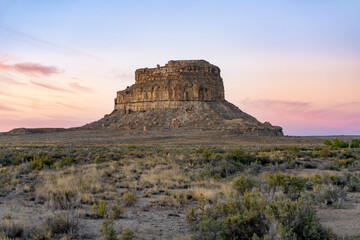 Sunrise at Fajada Butte in Chaco Culture National Historical Park in New Mexico. Chaco Canyon was a...