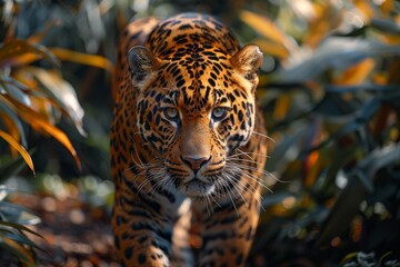 A serene jaguar emerges from the greenery, staring intently with captivating eyes, in a portrait of stealth and beauty