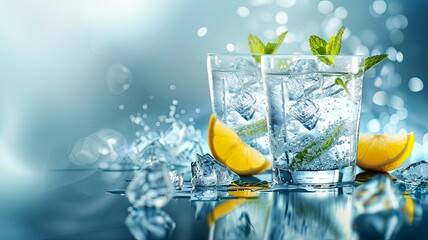 Refreshing Citrus Splash: Lemon Slices and Mint in Sparkling Water - obrazy, fototapety, plakaty