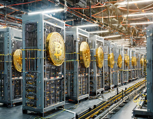 Cryptocurrency mining farm with rows of computers verifying and adding bitcoin transactions to blockchain