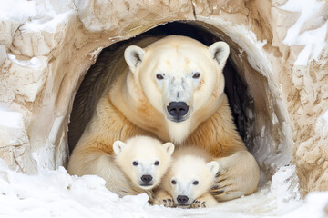 A mother polar bear and her cubs.