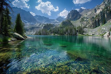 Crystal-clear mountain lake surrounded by towering peaks and pine trees