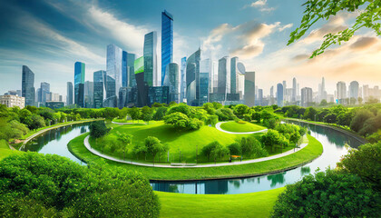 Eco-futuristic cityscape full with greenery, parks and green spaces in urban area.