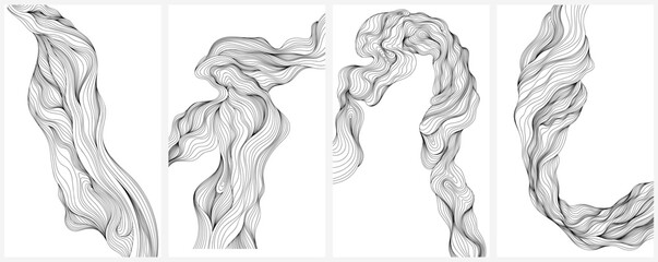 Hand drawn set of monochrome hand drawn curly hair design elements. Smoke or wavy hair design elements collection.