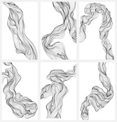 Hand drawn set of monochrome hand drawn curly hair design elements. Smoke or wavy hair design elements collection.