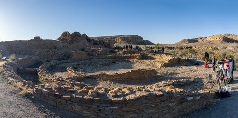Pueblo del Arroyo tri-wall kiva at Chaco Culture National Historical Park in New Mexico. Chaco...