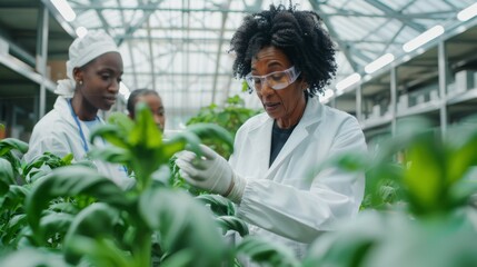 Scientists Examining Plants in Greenhouse