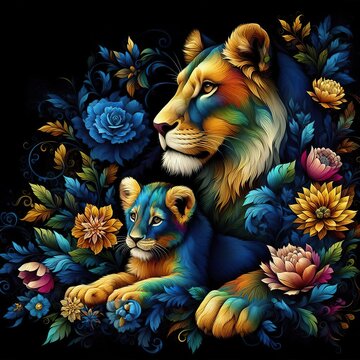 Floral artistic image of black background blue yellow magenta green lioness with cub
