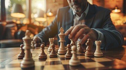 Strategic Mindset in Action: Man Contemplating Chess Move in Warmly Lit Setting