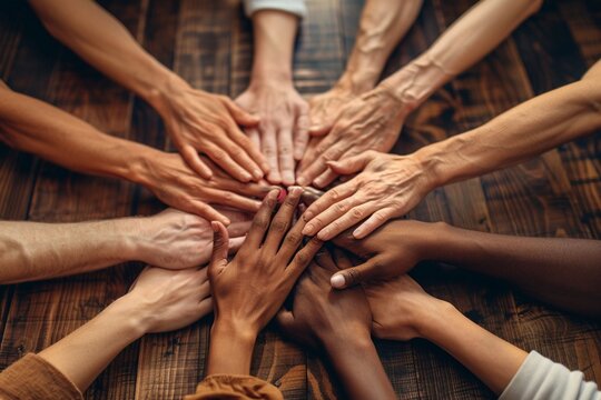 Closeup of diverse hands together, forming a circle over a meeting table, symbolizing unity and collaboration in an inclusive workplace