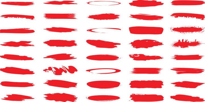 Red brush strokes on white background, abstract art. Various styles, thick, thin, smudged, elongated brush stroke