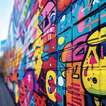 Detailed shot of a startups vibrant, graffitistyle mural wall, symbolizing creativity and disruption, with focus on the artistry and messages