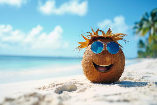 Cute coconut fruit character, on a tropical beach wearing sunglasses and enjoying in the Sun. Ai