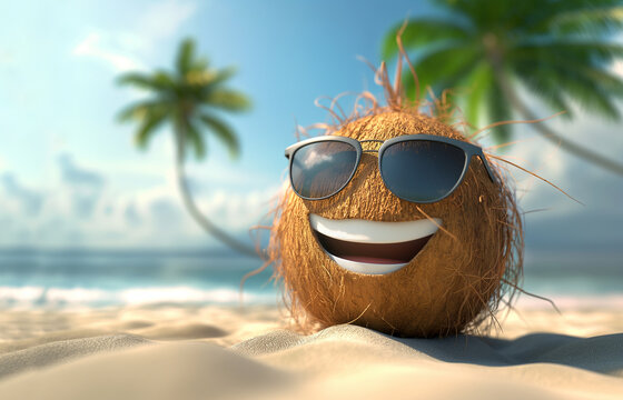 Cute coconut fruit character, on a tropical beach wearing sunglasses and enjoying in the Sun. Ai