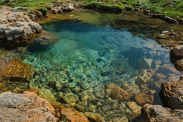Crystal-clear water of a natural hot spring in the wilderness