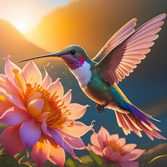Hummingbird flying to pick up nectar from a beautiful flower. Digital artwork